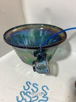 Vintage Indiana Glass Iridescent Blue Harvest Carnival Punch Bowl Set 7446