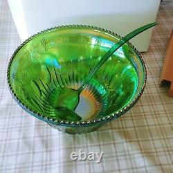 Vintage Indiana Glass Iridescent Lime Carnival Glass Punch Bowl Set