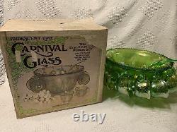 Vintage Indiana Glass Iridescent Lime Green Carnival Glass Punch Bowl Set + Box
