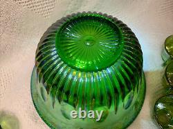 Vintage Indiana Glass Iridescent Lime Green Carnival Glass Punch Bowl Set + Box