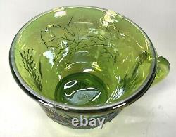Vintage Indiana Glass Lime Green Iridescent Carnival Punch Bowl Set w 12 Cups