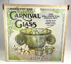 Vintage Indiana Glass Lime Green Iridescent Carnival Punch Bowl Set w 12 Cups