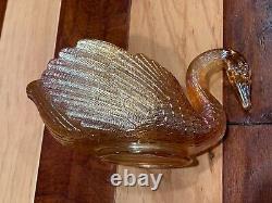 Vintage Indiana Glass Marigold Carnival 5 Swan Bowl Centerpiece Marked Euc