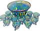 Vintage Indiana Harvest Grape Iridescent Blue Carnival Glass Punchbowl & 12 Cups