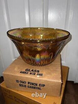 Vintage Indiana Harvest Iridescent Gold Carnival Glass Punch Bowl with12 Cups 7447