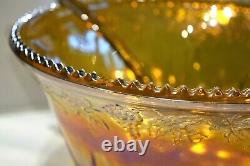 Vintage Indiana Iridescent Carnival Glass Marigold Harvest Grapes Punch Bowl Set