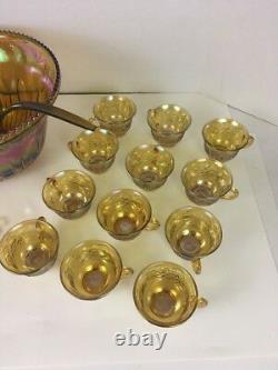 Vintage Indiana Iridescent Yellow Carnival Glass Princess Punch Bowl Set14 pcs