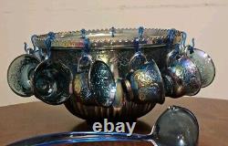 Vintage Iridescent Blue Carnival Glass Punch Bowl Cup Set Indiana Glass Original