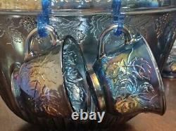 Vintage Iridescent Blue Carnival Glass Punch Bowl Cup Set Indiana Glass Original