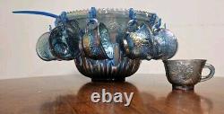 Vintage Iridescent Blue Carnival Glass Punch Bowl Cup Set Indiana Glass Original