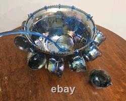 Vintage Iridescent Blue Carnival Glass Punch Bowl Cup Set Indiana Glass Original