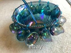 Vintage Iridescent Blue Carnival Glass Small Punch bowl, 12cups, Grapes