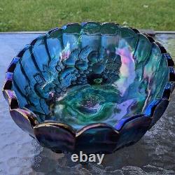 Vintage Iridescent Blue/Purple Footed Oval Fruit Bowl Carnival Glass Beautiful