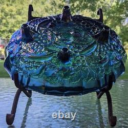 Vintage Iridescent Blue/Purple Footed Oval Fruit Bowl Carnival Glass Beautiful