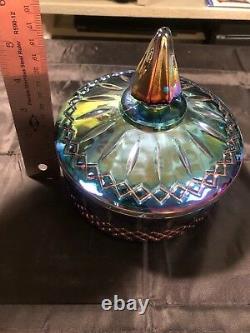 Vintage Iridescent Carnival Glass Candy Dish with lid Blue Purple Harvest Grape