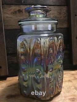 Vintage Iridescent Carnival Glass Embossed Cookie Jar Canister 9 X 5
