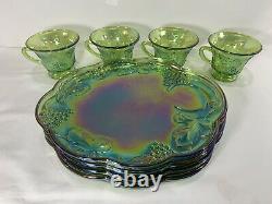 Vintage Iridescent Green Harvest Indiana Carnival Glass 8 pc Snack Set grapes