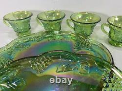 Vintage Iridescent Green Harvest Indiana Carnival Glass 8 pc Snack Set grapes
