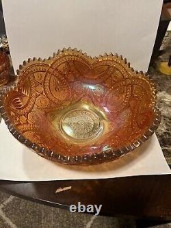Vintage Iridescent Marigold Imperial Hobstar Carnival Glass Punch Bowl & 6 Cups
