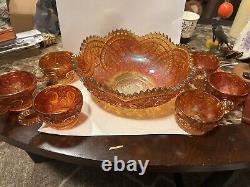Vintage Iridescent Marigold Imperial Hobstar Carnival Glass Punch Bowl & 6 Cups