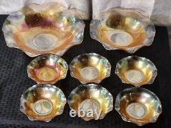 Vintage Jeannette Crystal Iris Iridescent Ruffled Edge Dishes Carnival Glass