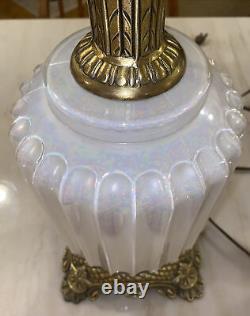 Vintage MCM Hollywood Regency Carnival White Iridescent Glass Table Lamp