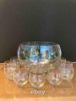 Vintage Midcentury Draping Wavy Iridescent Carnival Glass Punch Bowl with9 cups