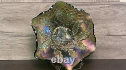 Vintage Millersburg Carnival Glass Nesting Swan Ruffled Bowl Diamond Fan Green