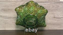 Vintage Millersburg Carnival Glass Nesting Swan Ruffled Bowl Diamond Fan Green