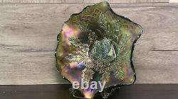 Vintage Millersburg Carnival Glass Nesting Swan Ruffled Bowl Diamond Fan Green