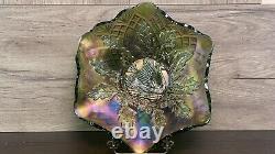 Vintage Millersburg Carnival Glass Nesting Swan Ruffled Bowl Diamond Fan Green