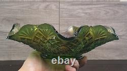 Vintage Millersburg Carnival Glass Nesting Swan Ruffled Bowl Diamond Fan Green