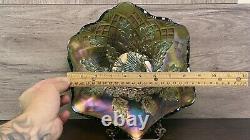 Vintage Millersburg Carnival Glass Nesting Swan Ruffled Bowl Diamond Fan Green