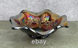 Vintage Millersburg Radium Carnival Glass Amethyst Holly Sprig Iridescent Ruffle