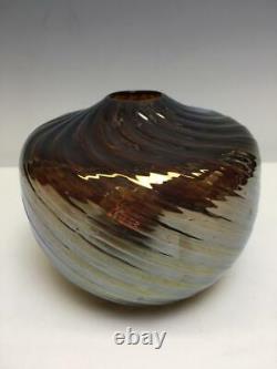 Vintage Modern Studio Art Carnival Glass Vase Iridescent Swirl Artisan Signed