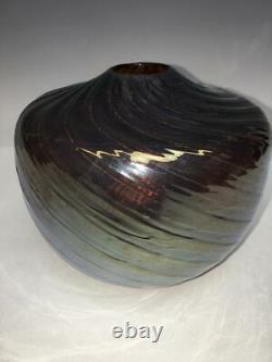 Vintage Modern Studio Art Carnival Glass Vase Iridescent Swirl Artisan Signed
