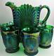 Vintage Mosser Carnival Glass Green Iridescent Pitcher & 6 Tumblers Beaded Shell