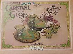 Vintage NIB 70s Indiana Glass Co Lime Carnival Glass 8pc Harvest Snack Set
