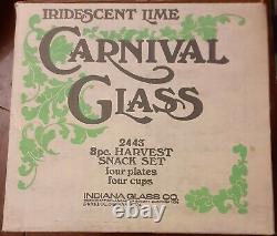 Vintage NIB 70s Indiana Glass Co Lime Carnival Glass 8pc Harvest Snack Set