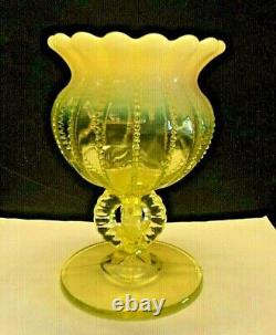 Vintage NORTHWOOD OPALESCENT YELLOW VASELINE BEADED PANEL GLASS VASE