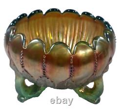 Vintage Northwood Aqua Opal Carnival Glass Leaf & Beads Footed Rose Bowl