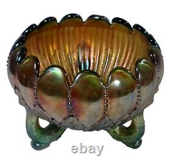 Vintage Northwood Aqua Opal Carnival Glass Leaf & Beads Footed Rose Bowl