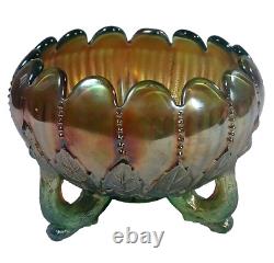 Vintage Northwood Aqua Opal Carnival Glass Leaf & Beads Footed Rose Bowl