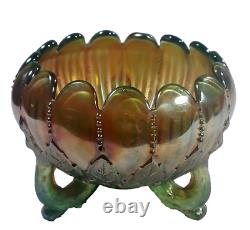 Vintage Northwood Aqua Opal Carnival Glass Leaf & Beads Footed Rose Bowl