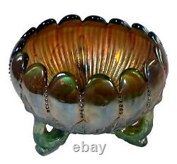 Vintage Northwood Aqua Opal Carnival Glass Leaf & Beads Footed Rose Bowl