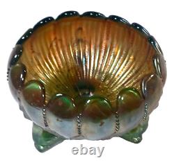 Vintage Northwood Aqua Opal Carnival Glass Leaf & Beads Footed Rose Bowl