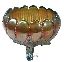 Vintage Northwood Aqua Opal Carnival Glass Leaf & Beads Footed Rose Bowl