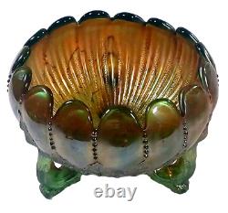 Vintage Northwood Aqua Opal Carnival Glass Leaf & Beads Footed Rose Bowl