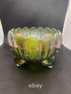 Vintage Northwood Carnival Glass Iridescent Green Rose Bowl