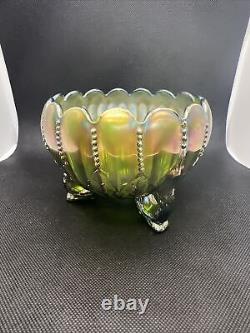 Vintage Northwood Carnival Glass Iridescent Green Rose Bowl